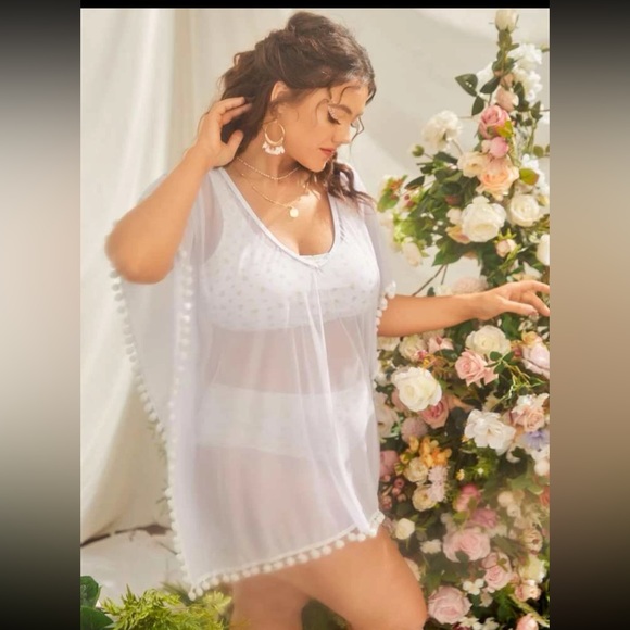 Plus Pom-Pom Bride swim cover up, semi-sheer, white, destination wedding, NWT - Picture 4 of 5